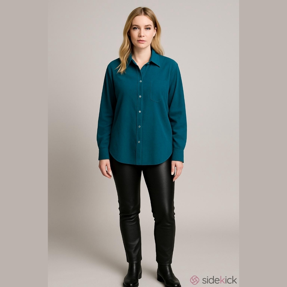 Woman Within 4X Button-Up Blouse Faux Suede Style Casual Office Emerald Green